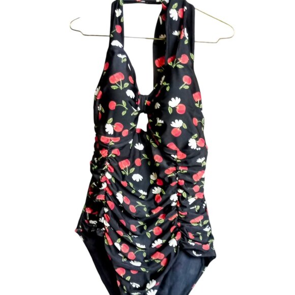 Torrid's Retro Inspired Sexy Sz 3 Black Cherry Rushed Halter One Piece Swimsuit - Picture 12 of 13